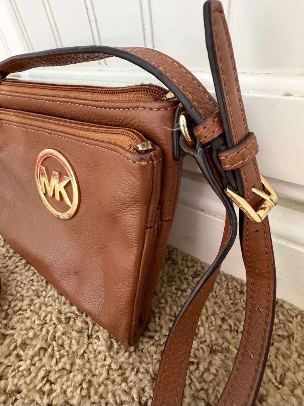 Michael Kors Chestnut Brown Leather Crossbody with Gold MK Emblem